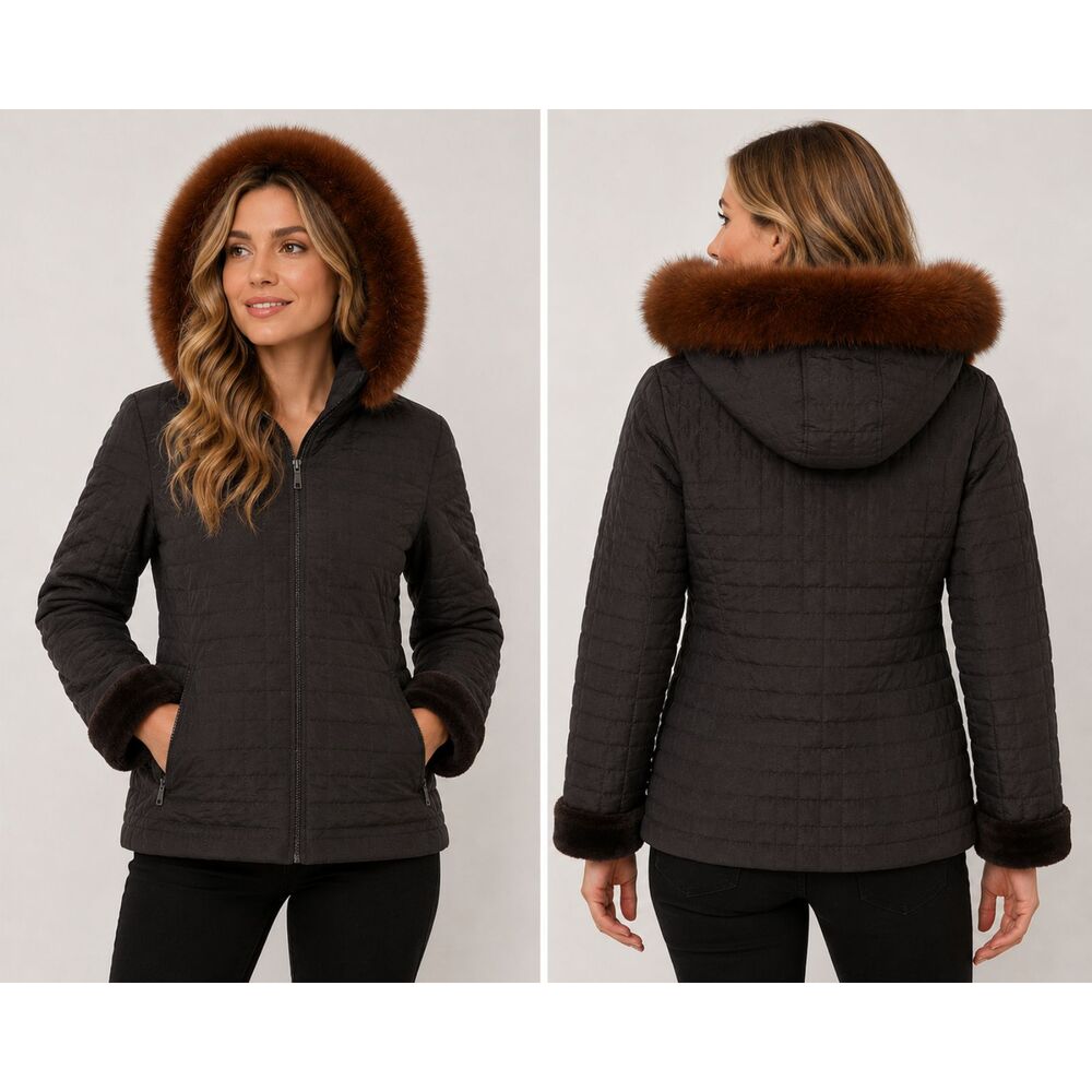 Andrew Marc Black Quilted Jacket Fox Fur Trim Hood Faux Fur Cuffs Après Ski